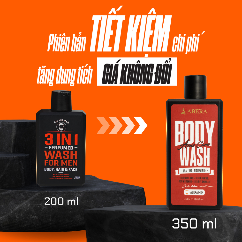 [COMBO 2] - Sữa Tắm Hỗ Trợ Xử Lí Mụn Lưng, Dưỡng Sáng Da Abera Men 350ML - Hương Nước Hoa Biển Solo Blue
